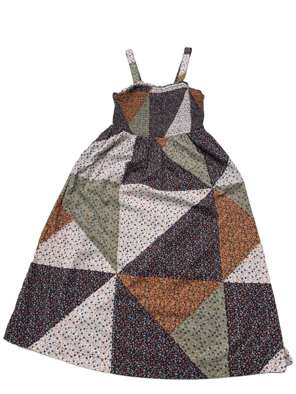 Women’s XS Brown Patchwork Midi Dress Smocked Ruffle Prairie Cottage Farmhouse